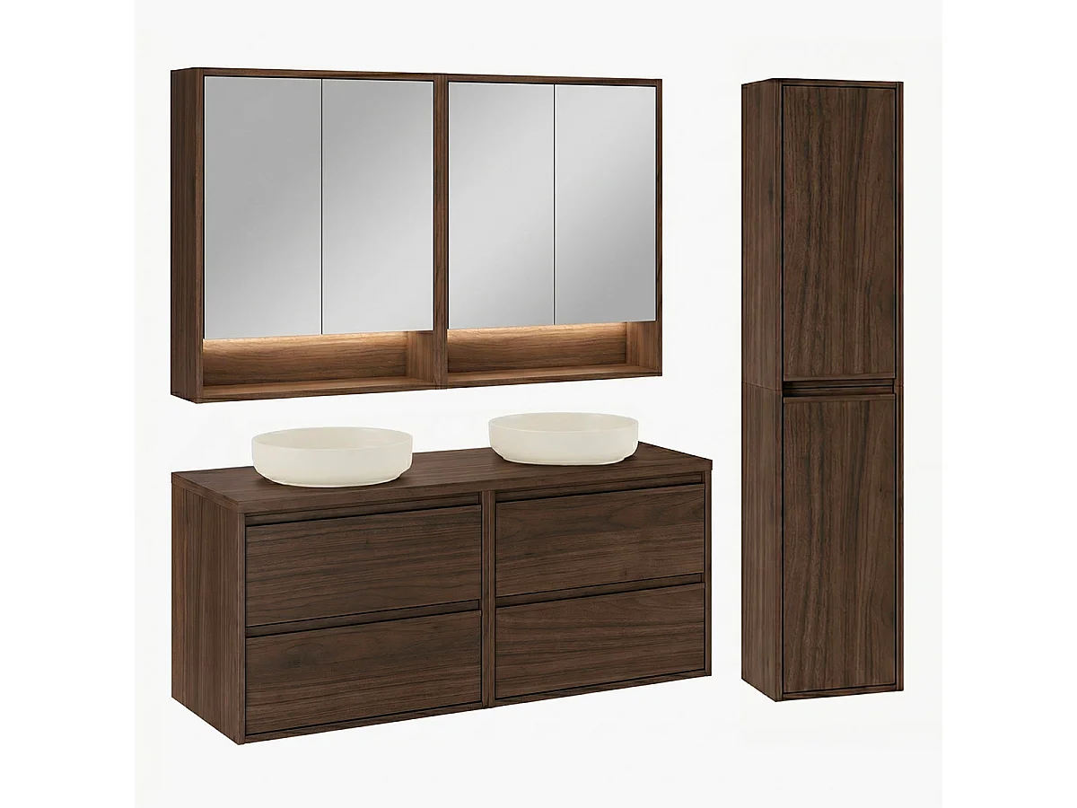 Set mobile doppio lavabo 120cm colonna e armadietti a specchio Edmé Legno scuro