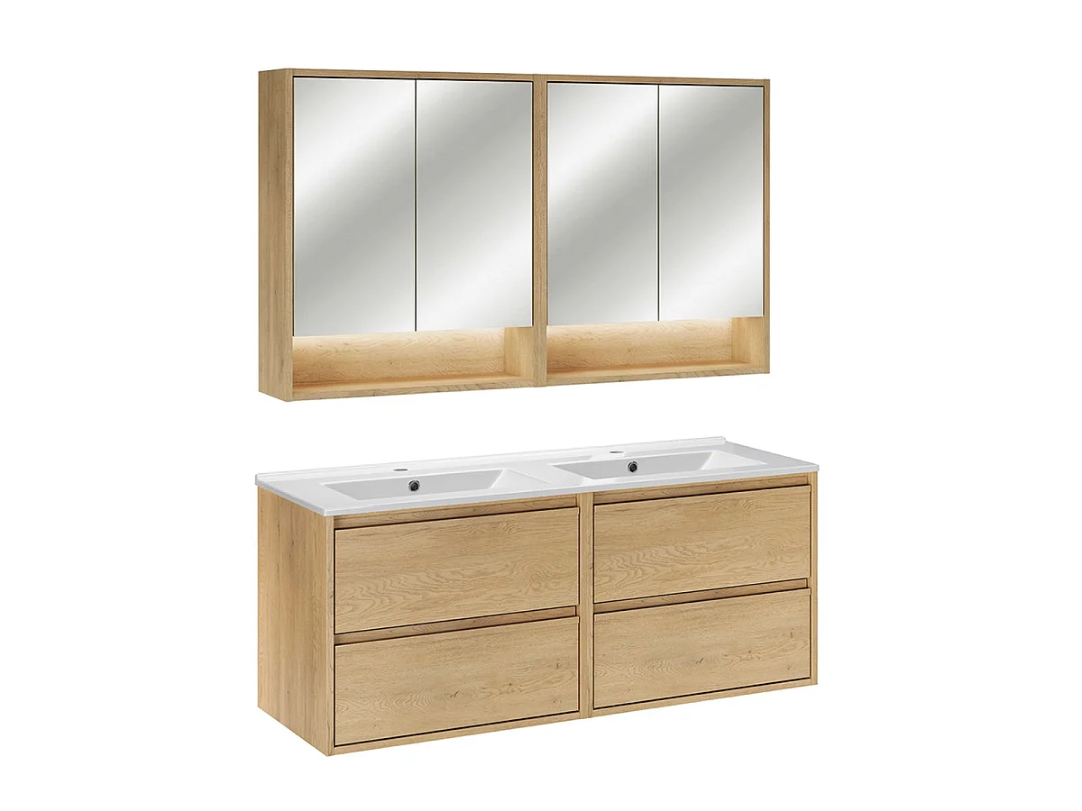 Badkamerset dubbele inbouwwastafel 120cm en spiegelkasten Edmé Bois