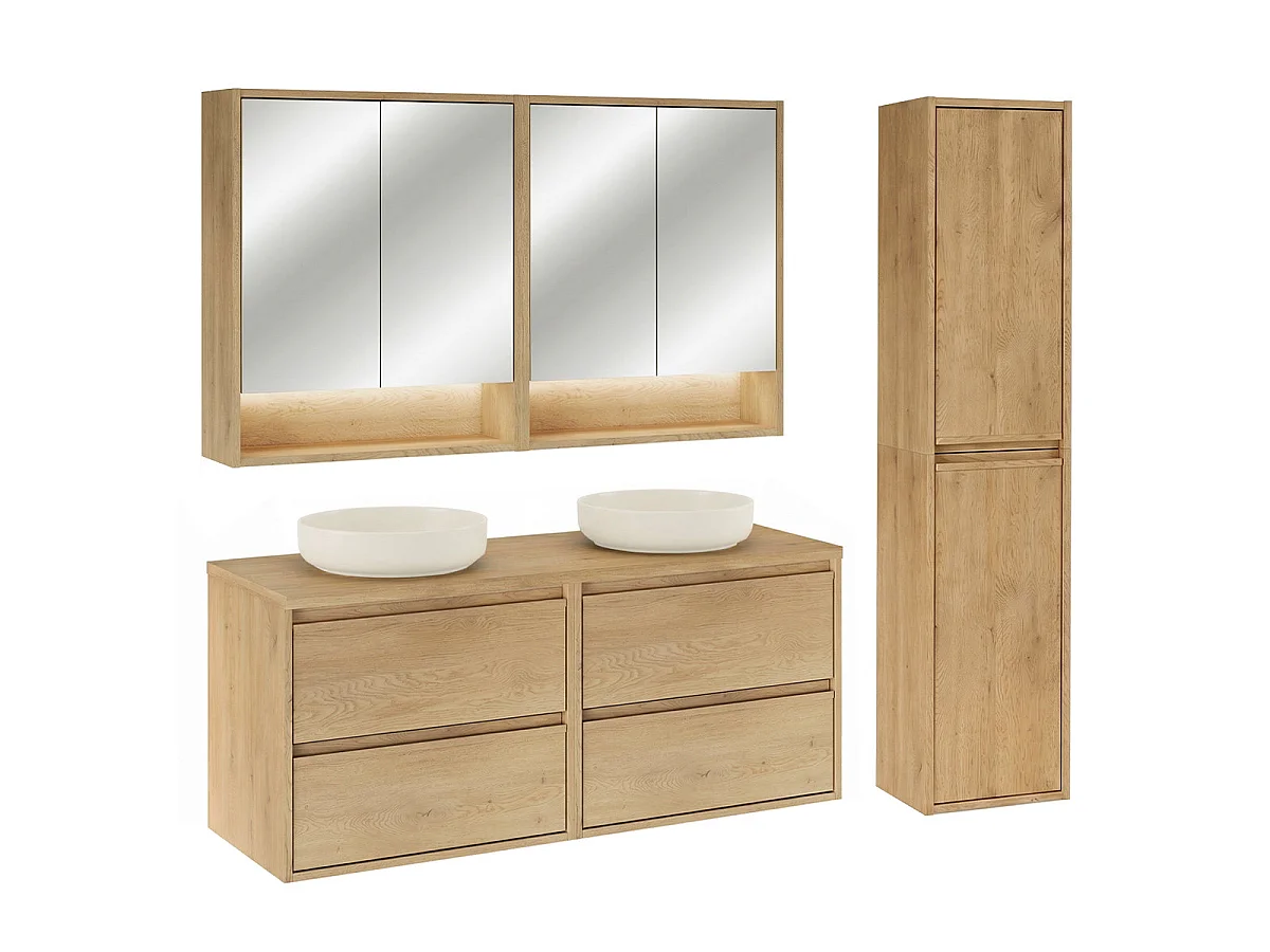 Badkamerset dubbele wastafel 120cm wandkolom en spiegelkasten Edmé Bois
