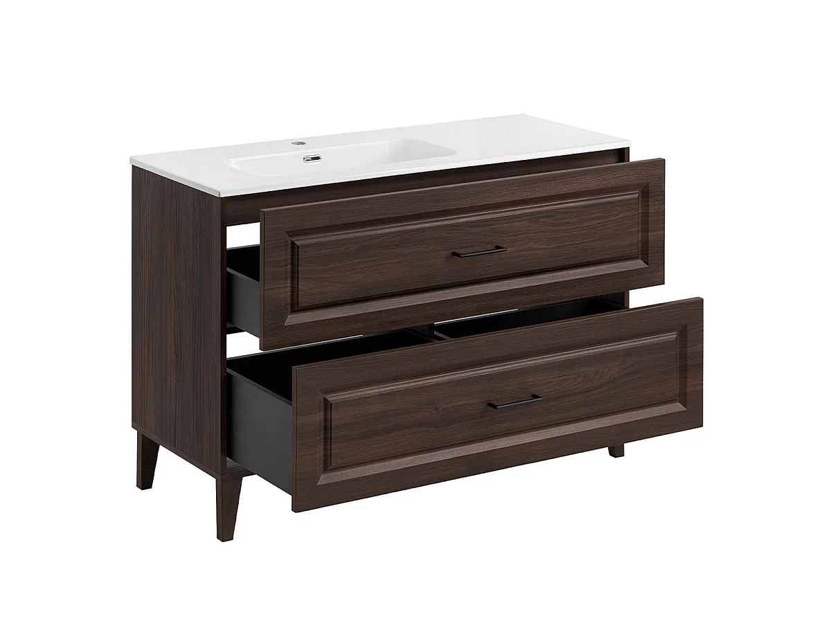 Conjunto de móveis com lavatório simples embutido à esquerda (120 cm), coluna e armário com espelho em Moka, madeira esc