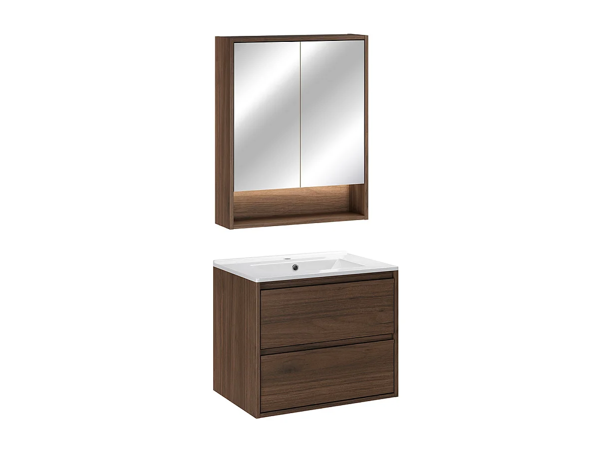 Set composto da mobile con lavabo singolo da incasso da 60 cm e armadio a specchio Edmé in legno scuro