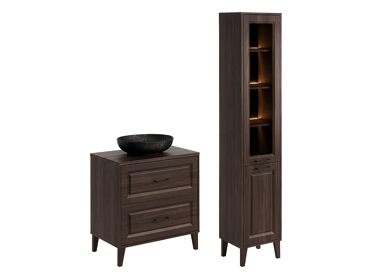 Waschtisch-Set Einzelwaschbecken 80 cm und Hochschrank Moka Dunkelholz