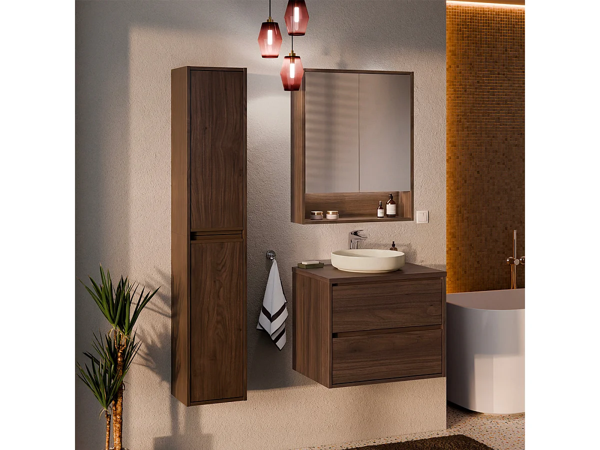 Set composto da mobile sottolavabo da 60 cm, colonna e armadio a specchio Edmé in legno scuro