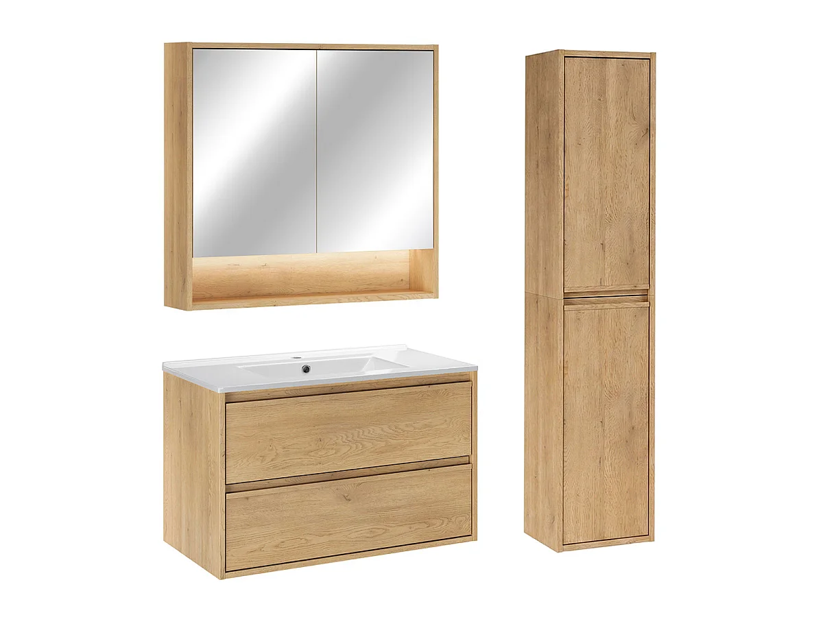 Ensemble meuble simple vasque encastrée 80cm colonne et armoire miroir Edmé Bois