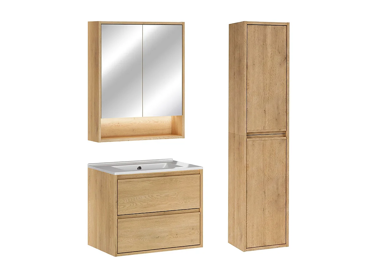 Meubelset met ingebouwde enkele wastafel 60 cm kolomkast en spiegelkast Edmé Bois