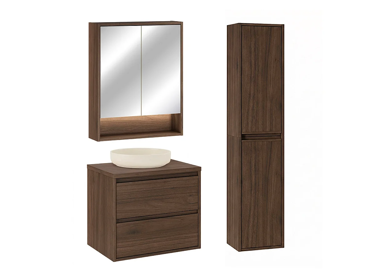 Set di mobili con lavabo singolo da 60 cm, colonna e armadio a specchio Edmé in legno scuro