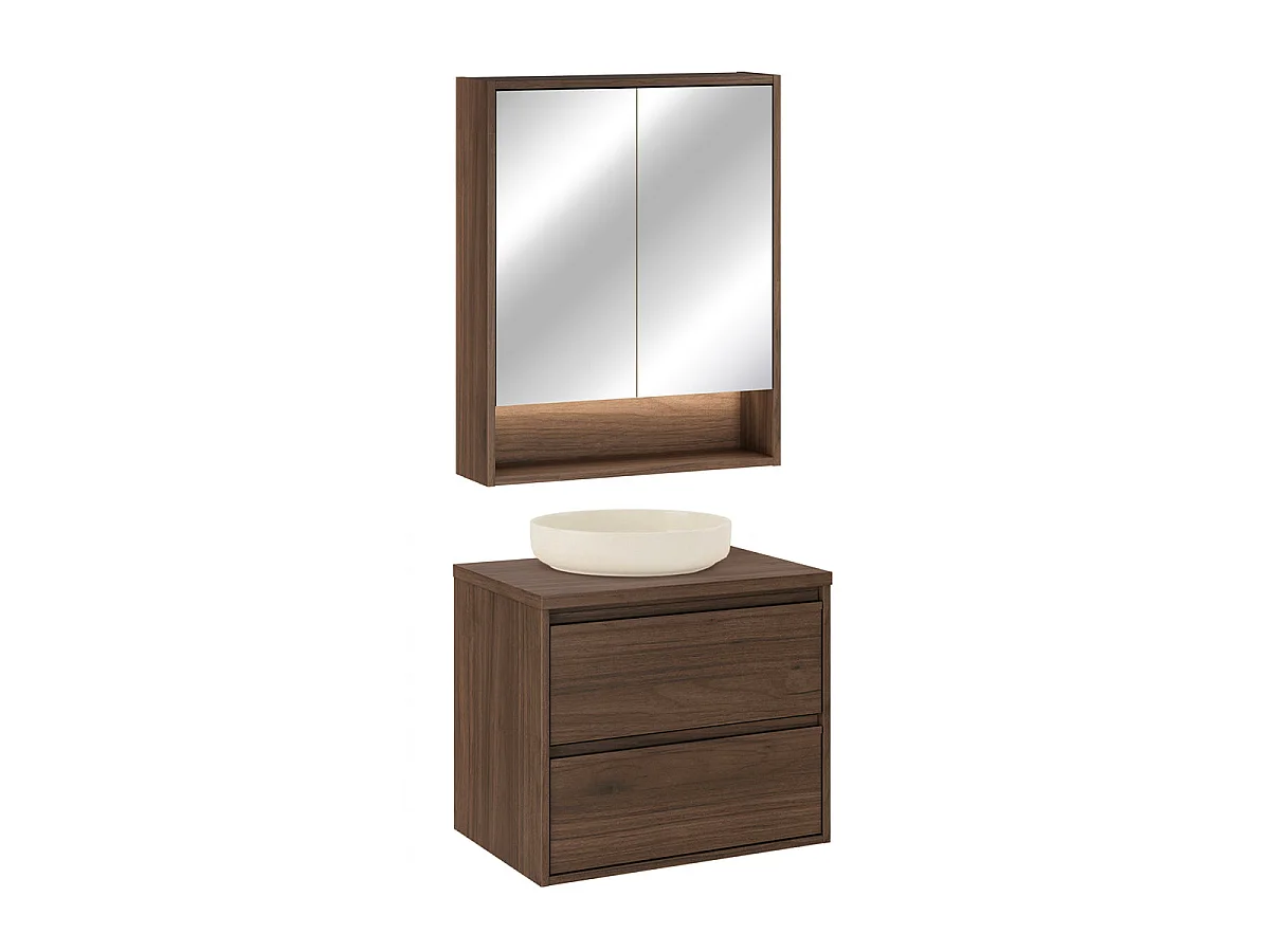 Set composto da mobile con lavabo singolo da 60 cm e armadio a specchio Edmé in legno scuro