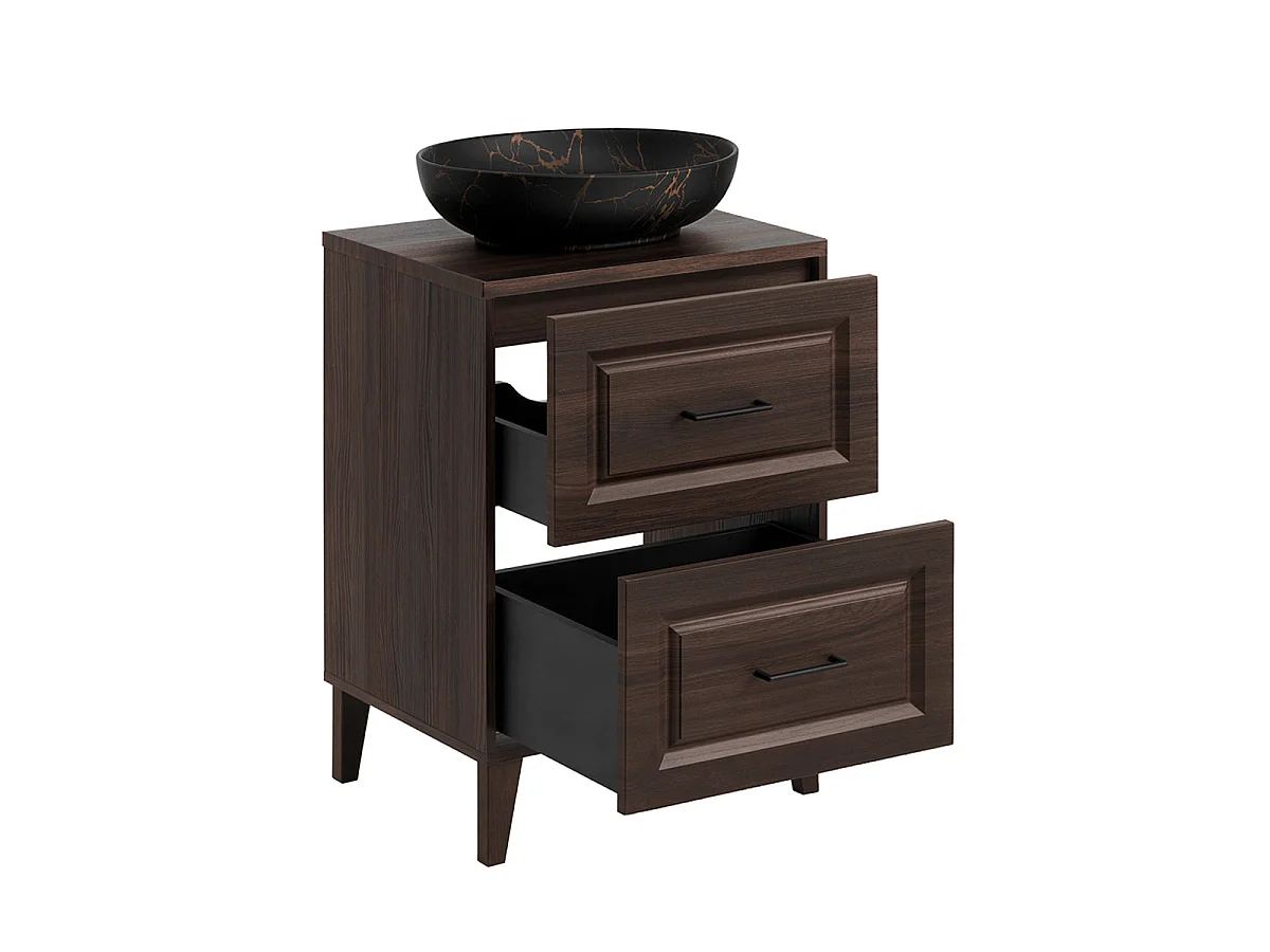Conjunto de móveis com lavatório simples de 60 cm, coluna e armário com espelho em Moka, madeira escura