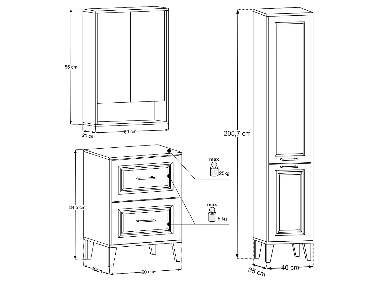 Conjunto de móveis com lavatório simples de 60 cm, coluna e armário com espelho em Moka, madeira escura