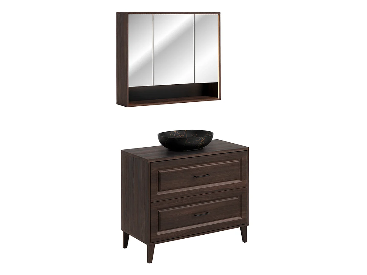 Conjunto de móvel com lavatório simples 100cm e armário com espelho Moka Madeira escura