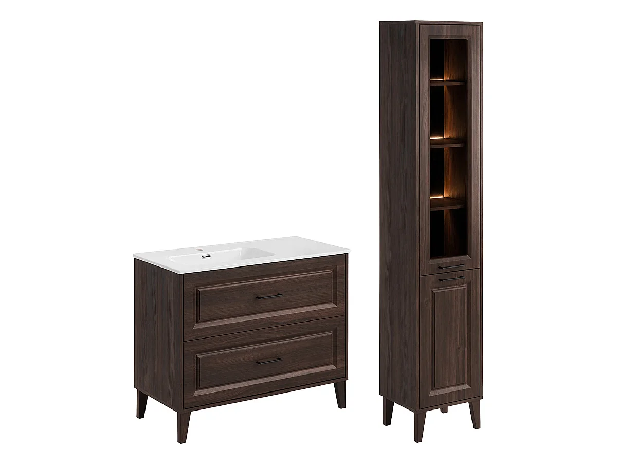 Ensemble meuble simple vasque encastrée gauche 100cm et colonne Moka Bois foncé