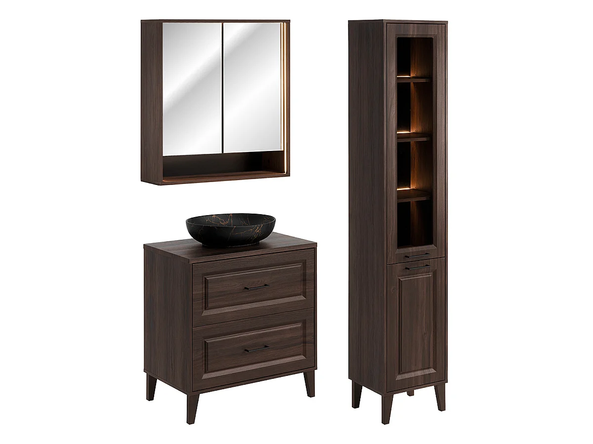 Conjunto de móveis com lavatório simples de 80 cm, coluna e armário com espelho em Moka, madeira escura