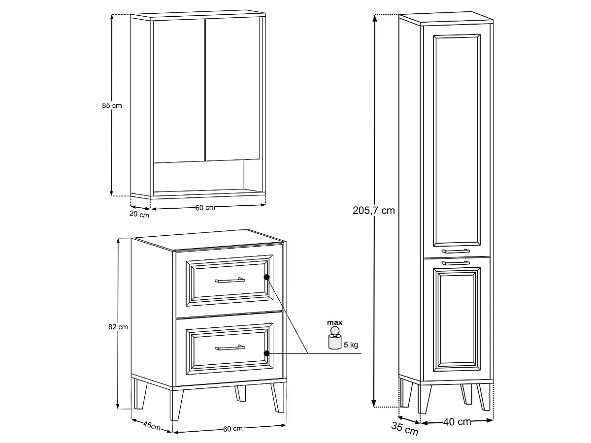 Conjunto de mobiliário com lavatório simples embutido de 60 cm, coluna e armário com espelho em Moka, madeira escura