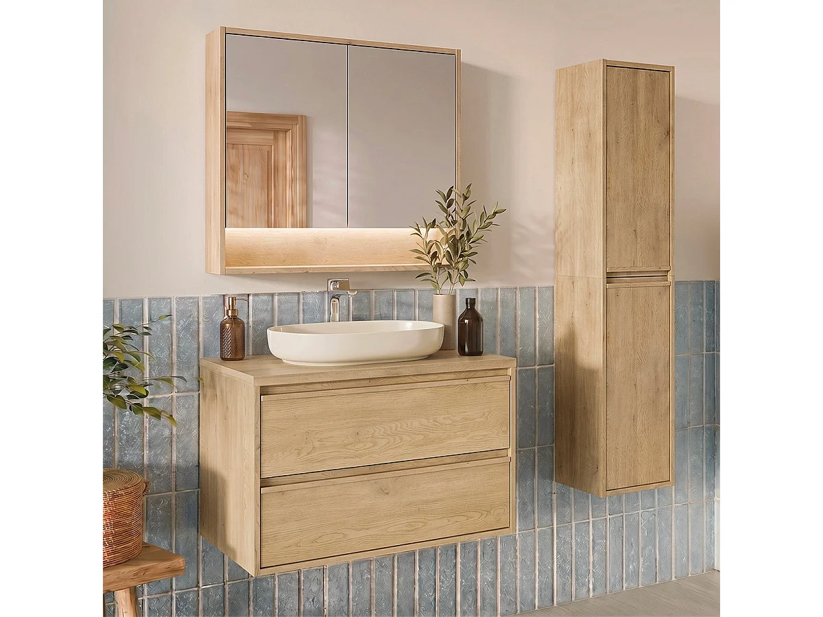 Ensemble meuble sous-vasque 80cm colonne et armoire miroir Edmé Bois