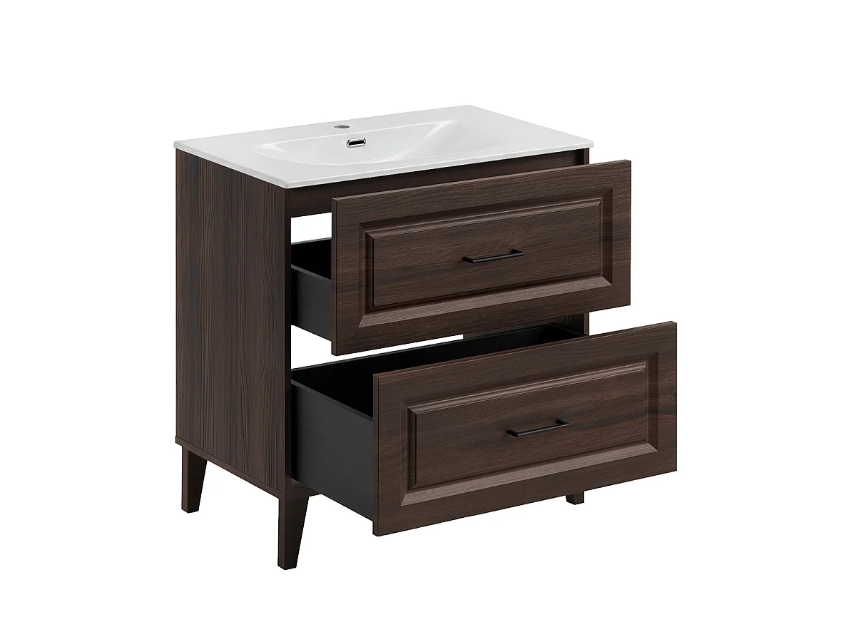 Conjunto de móvel com lavatório embutido simples de 80 cm e armário com espelho Moka em madeira escura