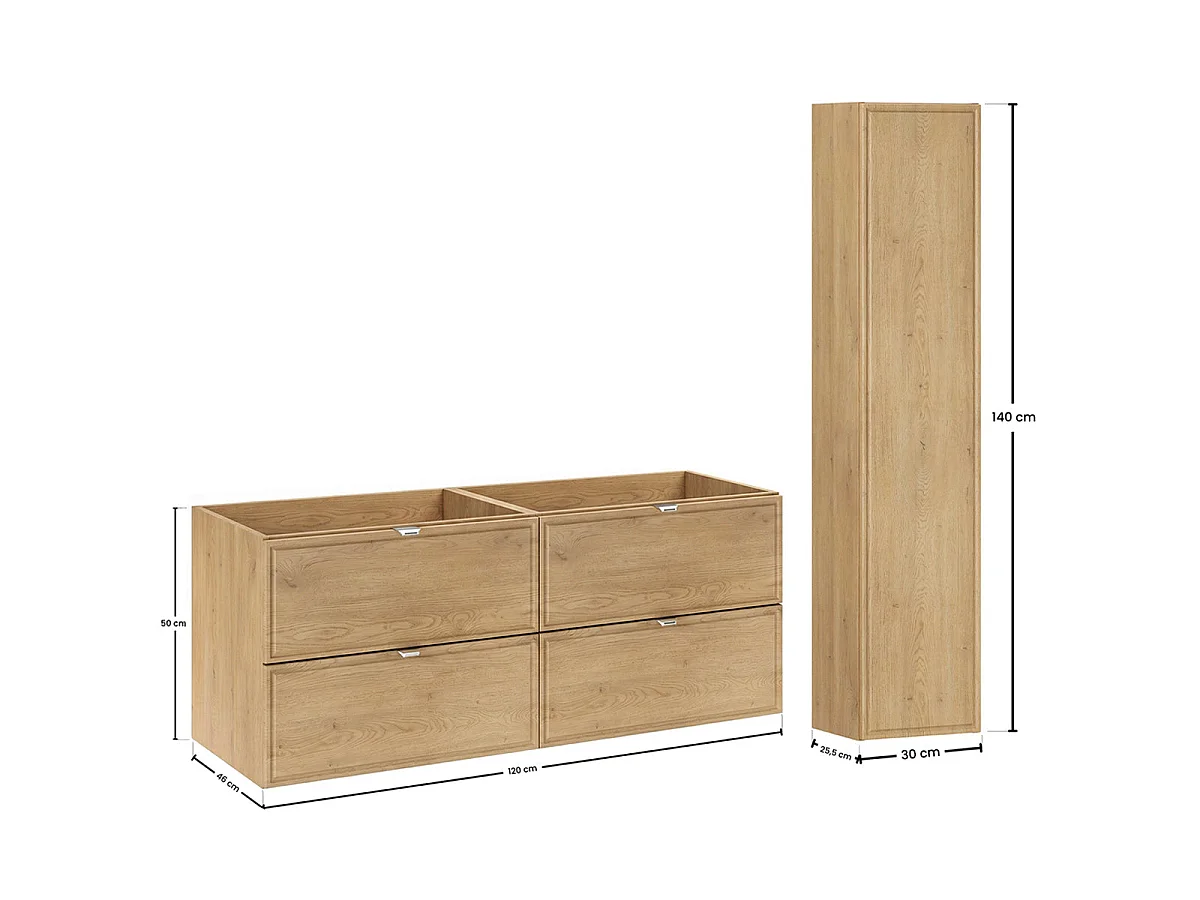 Set dubbel inbouw wastafelmöbel 120cm en hoge kast Elias Hout