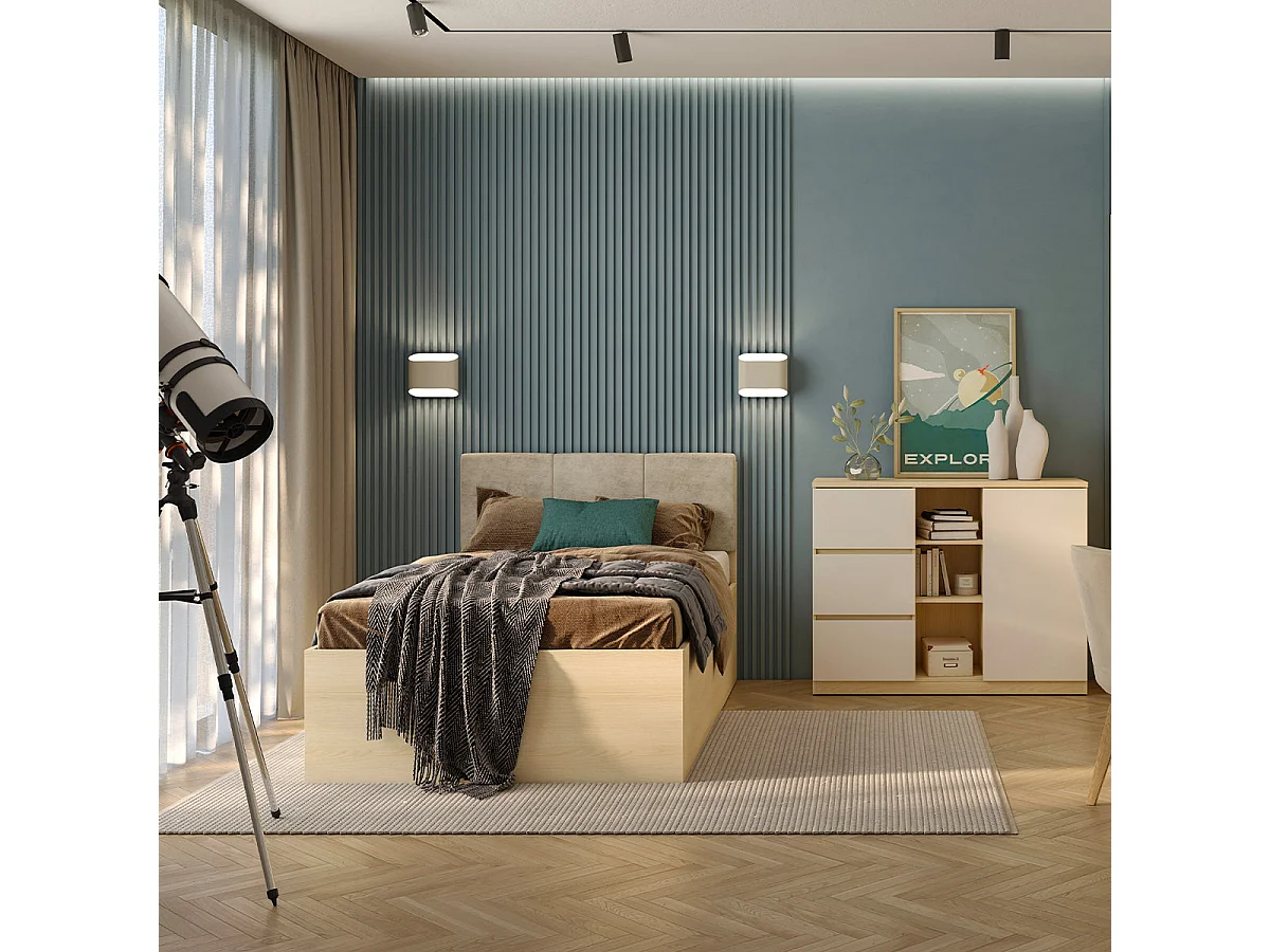 Cama 120x200 somier incluido Téana Madera y Beige