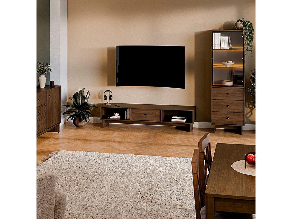 Riyo 1-Door 3-Drawer Display Cabinet Dark Wood