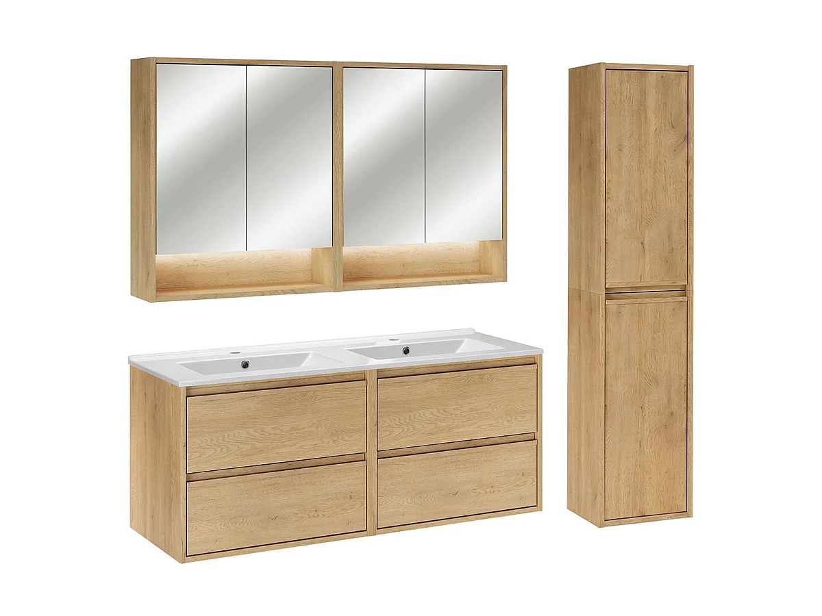 Badkamerset dubbele inbouwwastafel 120cm wandkolom en spiegelkasten Edmé Bois