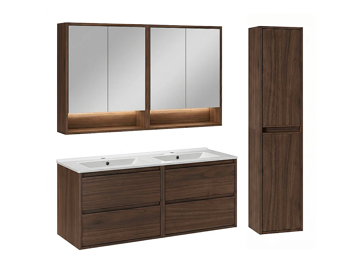 Set mobile doppio lavabo da incasso 120cm colonna e armadietti a specchio Edmé Legno scuro