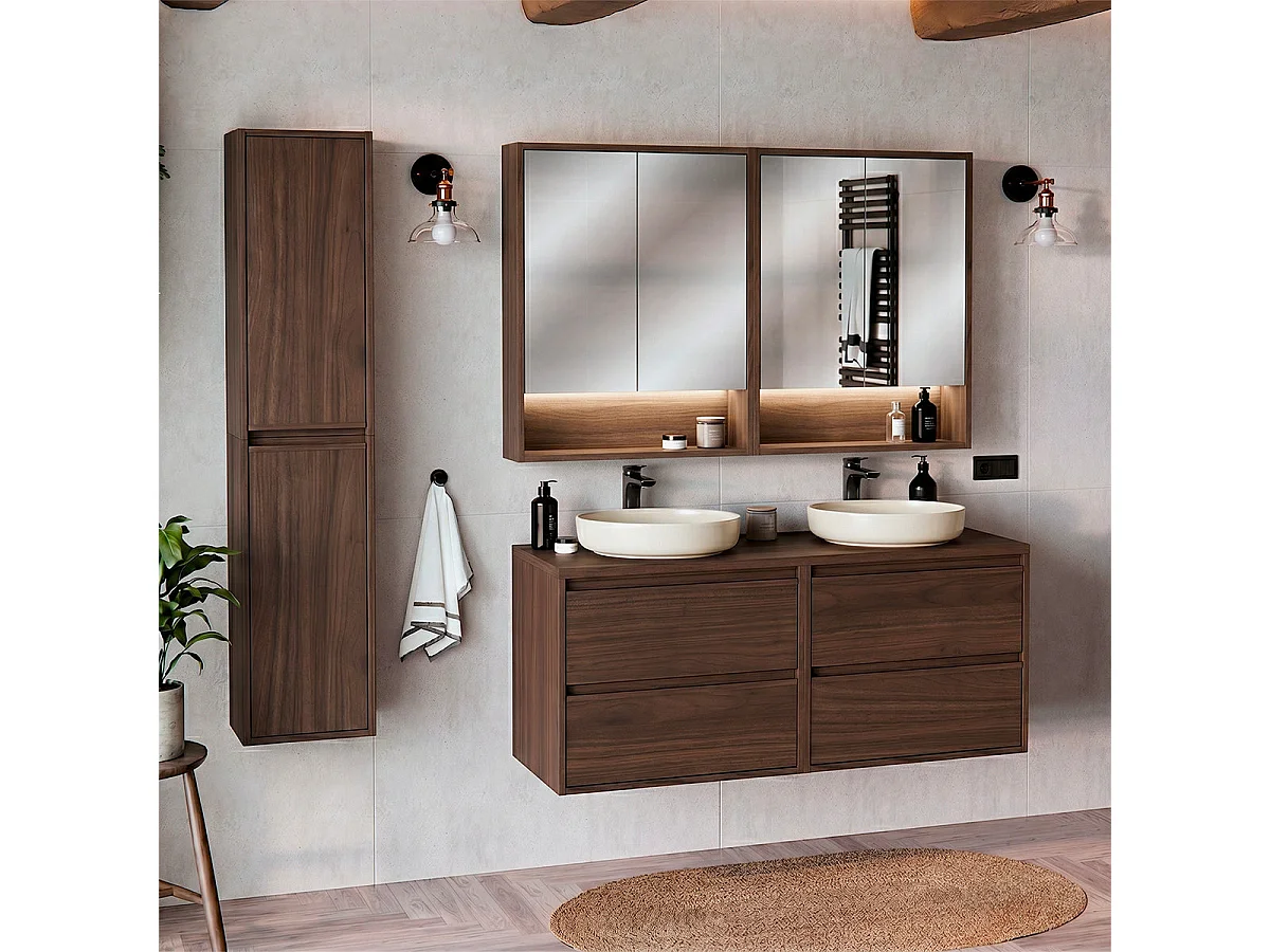Set mobile sottolavabo 120cm colonna e armadietti a specchio Edmé Legno scuro