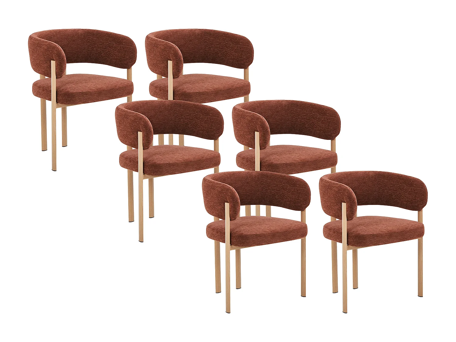Set van 6 stoelen in getextureerde stof en metaal met houtlook - Bruin en licht natuurlijk - CIBARO