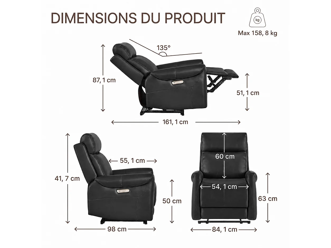 Fauteuil relax électrique fauteuil  inclinable en simili-Noir