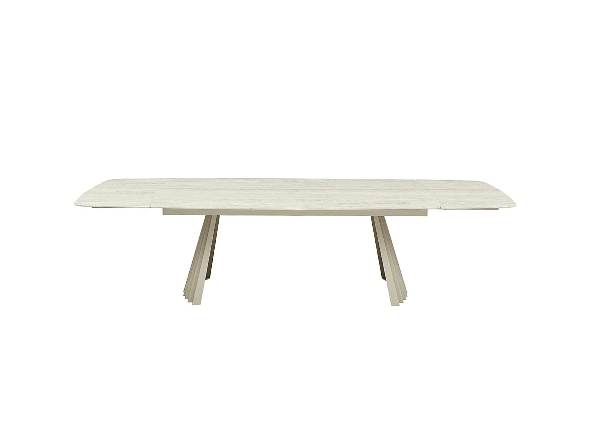 Table à manger rectangulaire extensible 8/12 pers. en céramique effet Travertin et piètement blanc 200/300x100 cm - Bruma