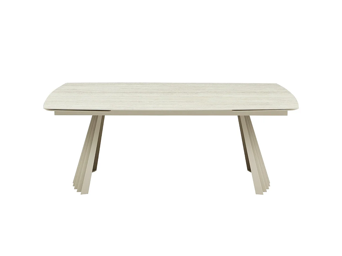 Table à manger rectangulaire extensible 8/12 pers. en céramique effet Travertin et piètement blanc 200/300x100 cm - Bruma
