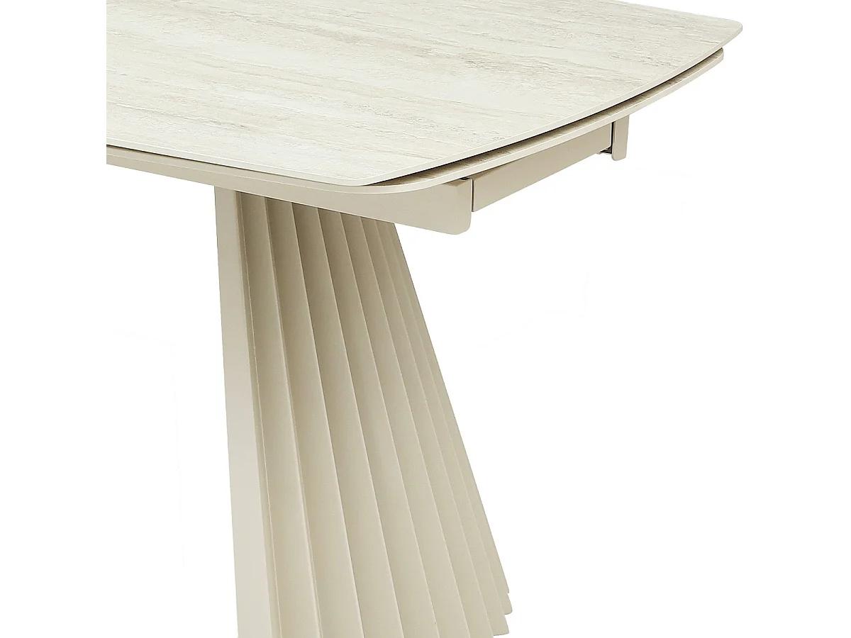 Table à manger rectangulaire extensible 8/12 pers. en céramique effet Travertin et piètement blanc 200/300x100 cm - Bruma