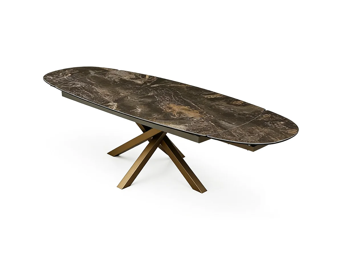 Table à manger ovale extensible 8/10 pers. en céramique effet Marbre brun et piètement bronze 180/260x98 cm - Murcia