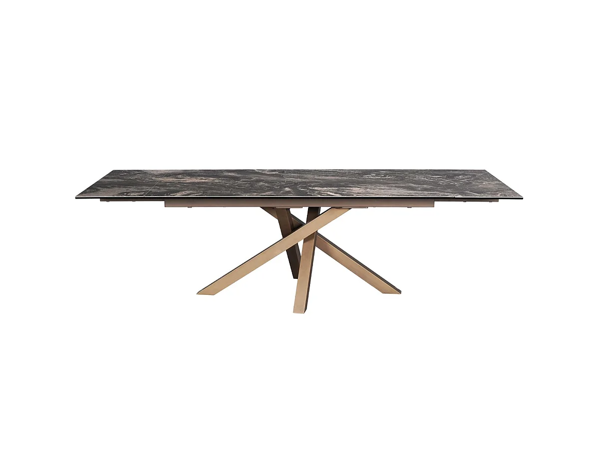 Table à manger rectangulaire extensible 8/10 pers. en céramique effet Marbre brun et piètement bronze 180/260x98 cm - Molina