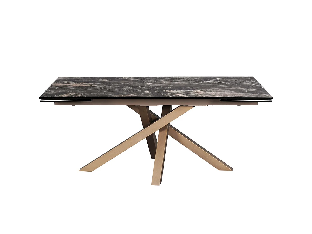 Table à manger rectangulaire extensible 8/10 pers. en céramique effet Marbre brun et piètement bronze 180/260x98 cm - Molina
