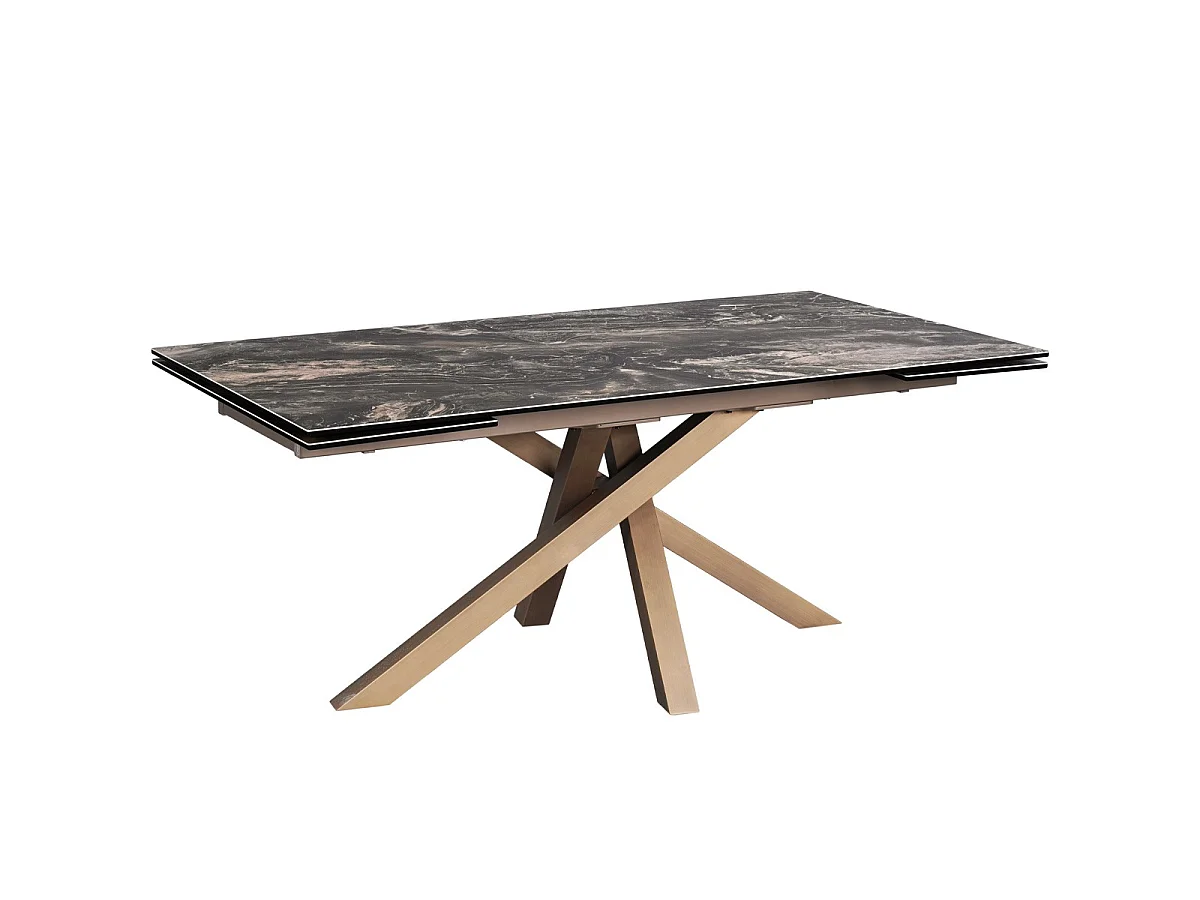 Table à manger rectangulaire extensible 8/10 pers. en céramique effet Marbre brun et piètement bronze 180/260x98 cm - Molina
