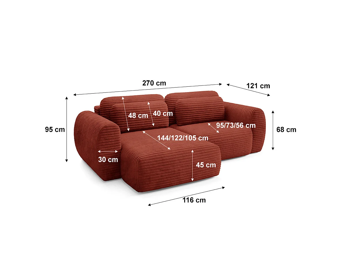 Canapé d'angle réversible et convertible 3 places avec coffre Camilla Terracotta
