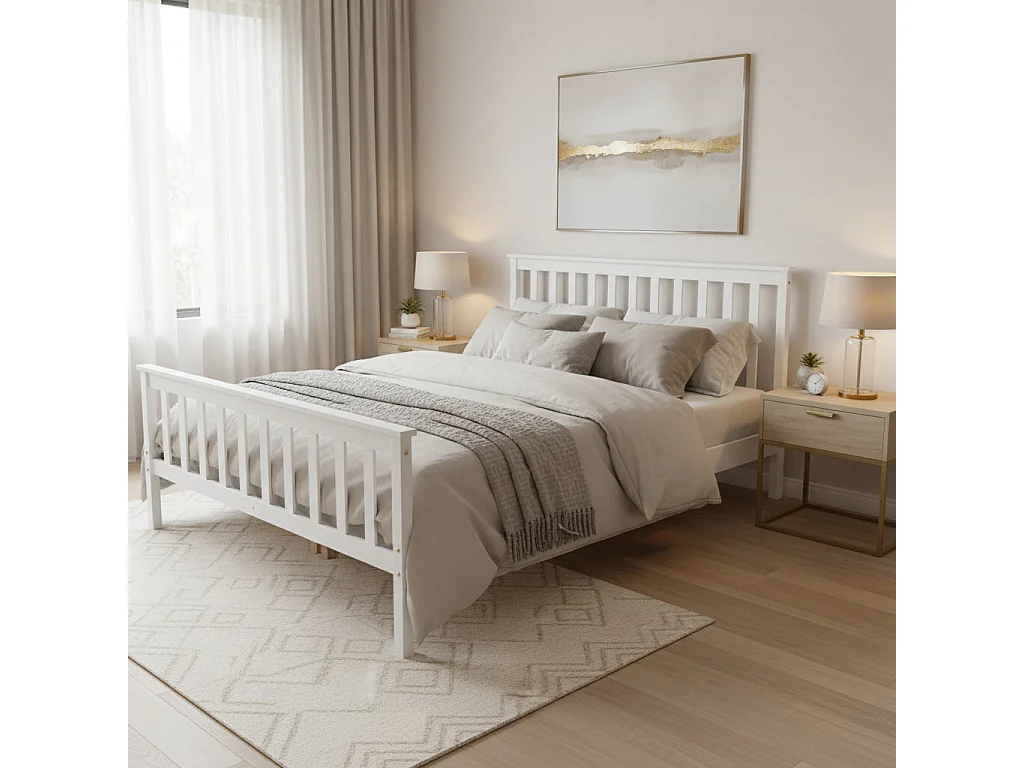 Lit 140x190 en bois massif blanc sommier lattes inclus - BATNA
