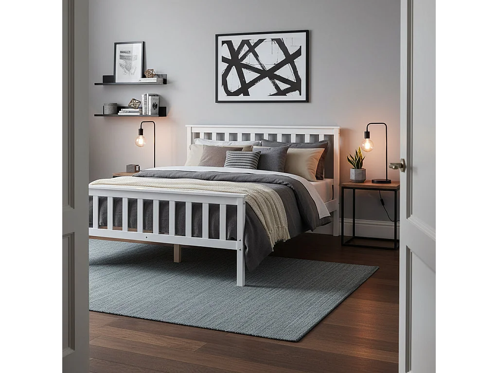 Lit 140x190 en bois massif blanc sommier lattes inclus - BATNA