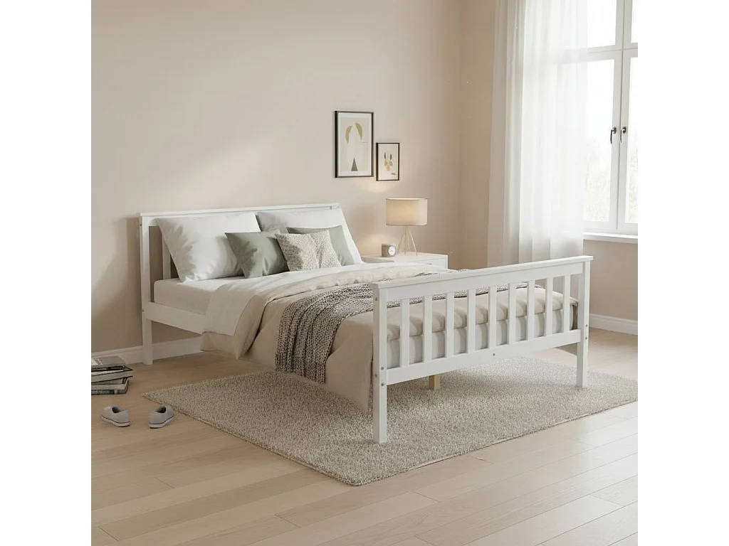 Lit 140x190 en bois massif blanc sommier lattes inclus - BATNA