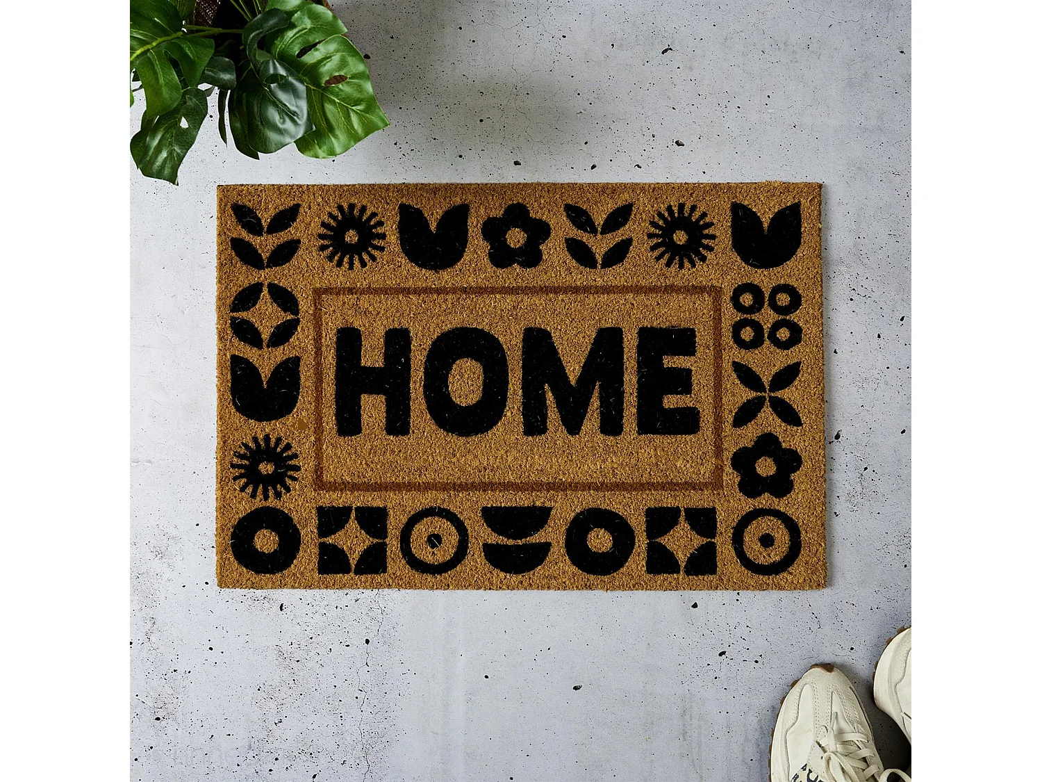 Paillasson en fibre de coco 40x60 cm collection JOYE modèle "Home" motif floral marron