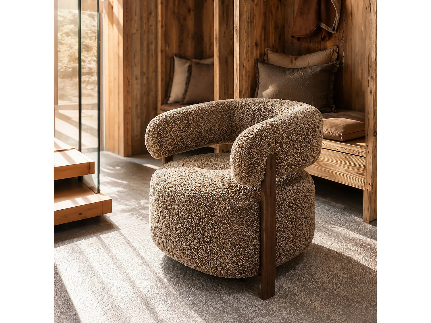 Now's Home - Fauteuil Arrondi Tissu Doux Effet Fourrure Latte77x71.5x70cm Noubia