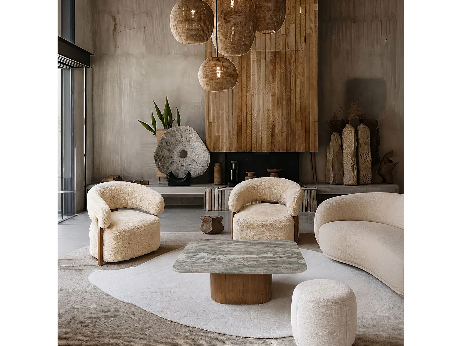 Now's Home - Fauteuil Arrondi Tissu Doux Effet Fourrure Ecru 75.5x71x71cm Noubia