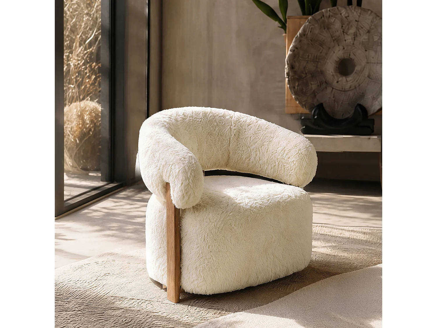 Now's Home - Fauteuil Arrondi Tissu Doux Effet Fourrure Ecru 75.5x71x71cm Noubia