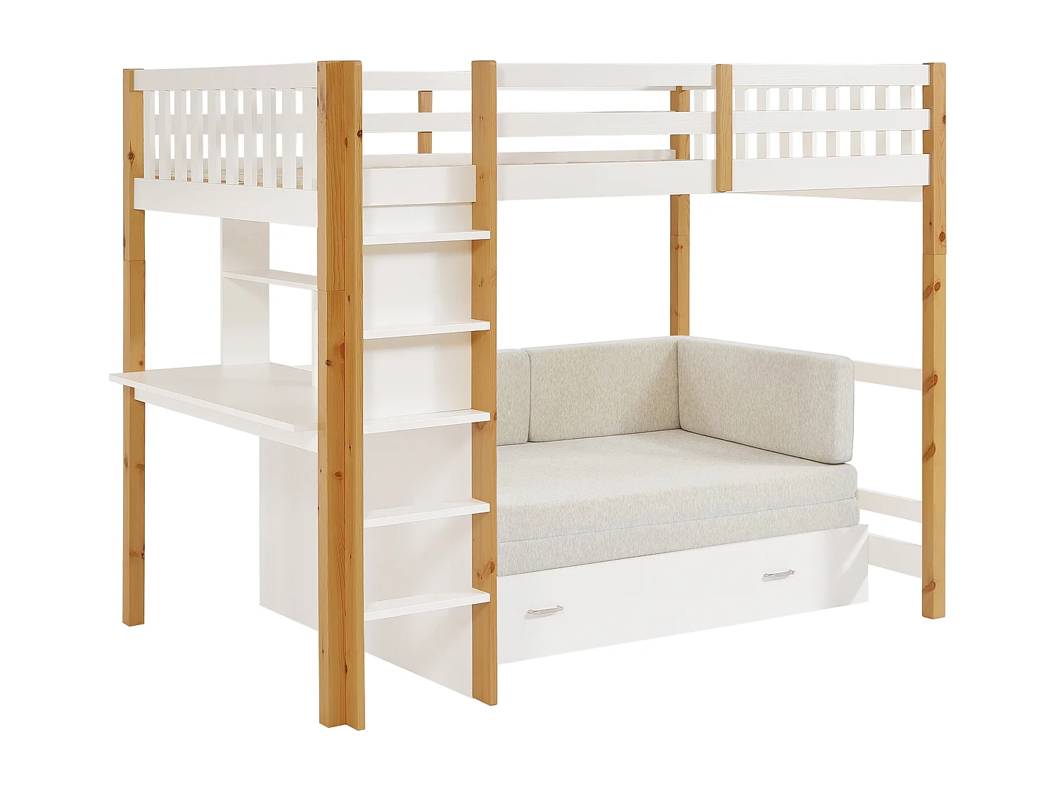 Lit mezzanine 120 x 190 cm avec sofa convertible - Pin et MDF – Blanc et naturel - ORPELIA