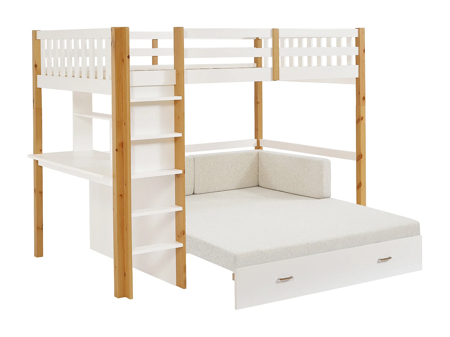 Lit mezzanine 120 x 190 cm avec sofa convertible - Pin et MDF – Blanc et naturel - ORPELIA