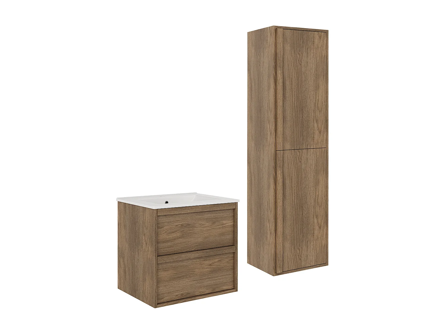 Meuble de salle de bain suspendu avec vasque à encastrer et colonne - Naturel foncé - 60 cm - UBRILA