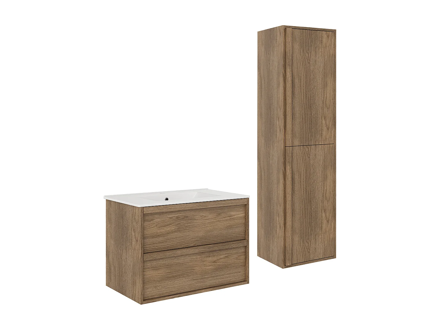 Meuble de salle de bain suspendu avec vasque à encastrer et colonne - Naturel foncé - 80 cm - UBRILA