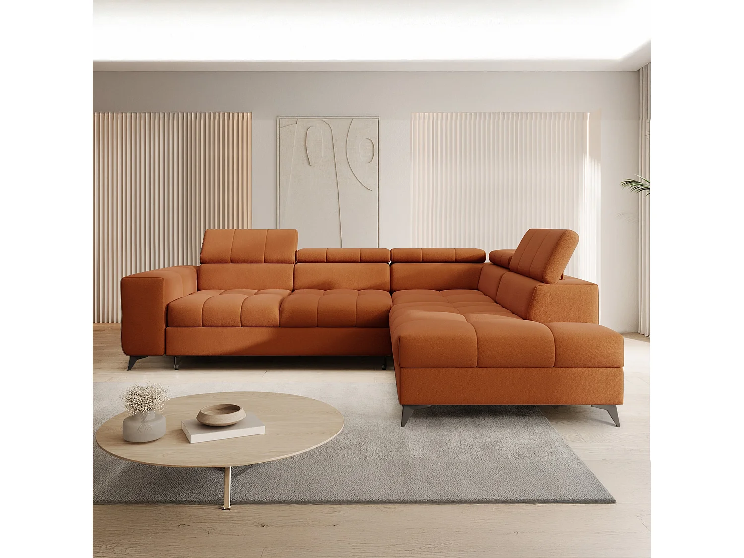 Canapé d'angle droit convertible Gaspard velours Terracotta