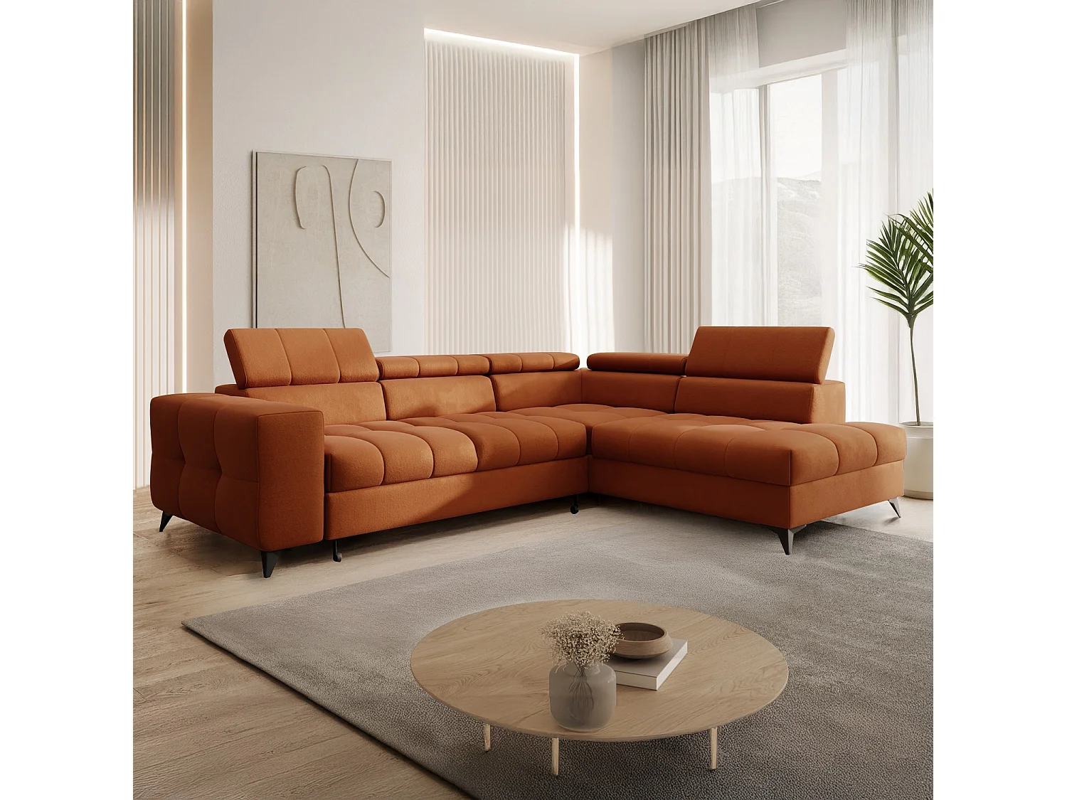 Canapé d'angle droit convertible Gaspard velours Terracotta