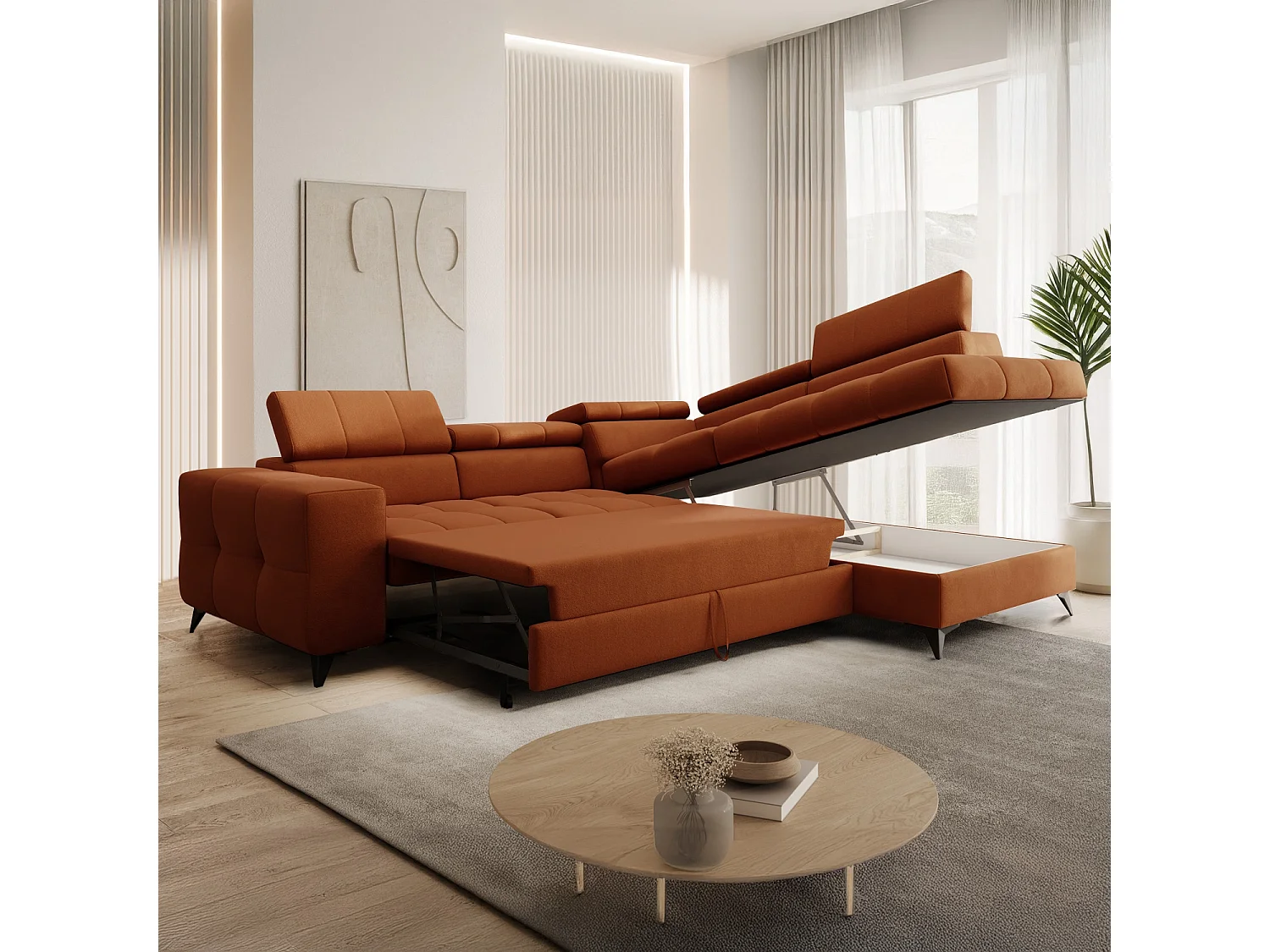 Canapé d'angle droit convertible Gaspard velours Terracotta