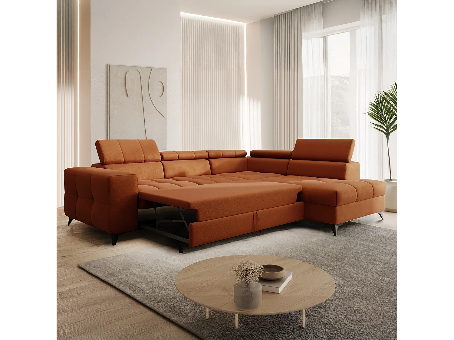 Canapé d'angle droit convertible Gaspard velours Terracotta